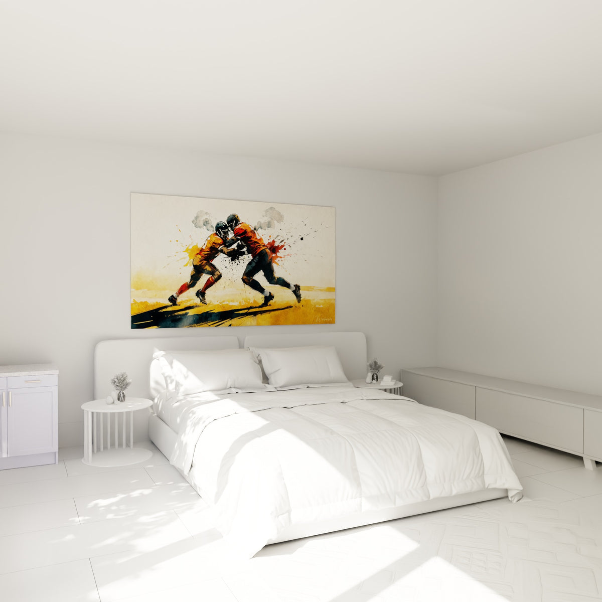 Plaquage sportif ocre et noir peint en aquarelle, accroché au-dessus d'un lit dans une chambre claire