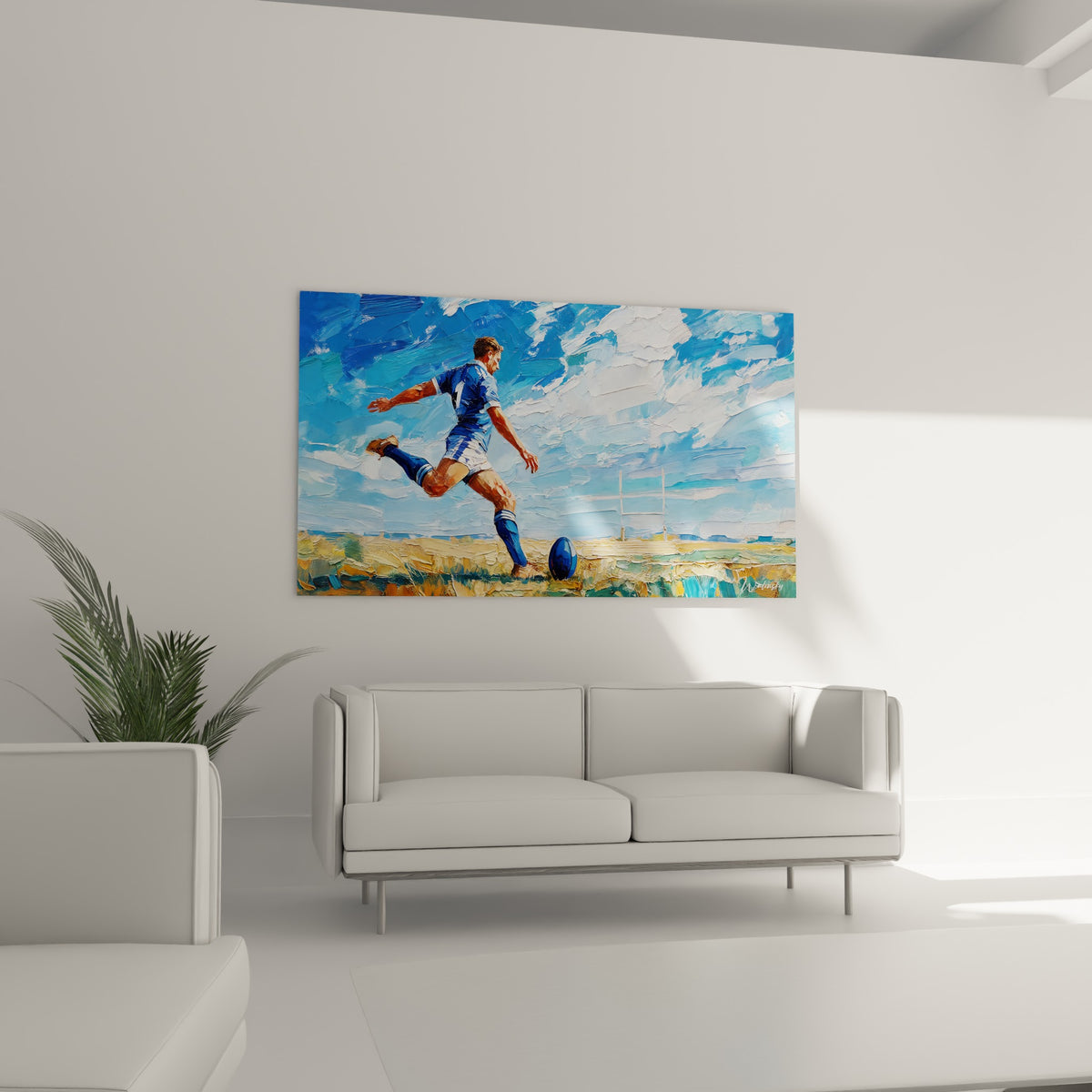 Silhouette bleue en action sur fond de ciel azur et pelouse dorée, au-dessus d'un canapé dans un salon lumineux