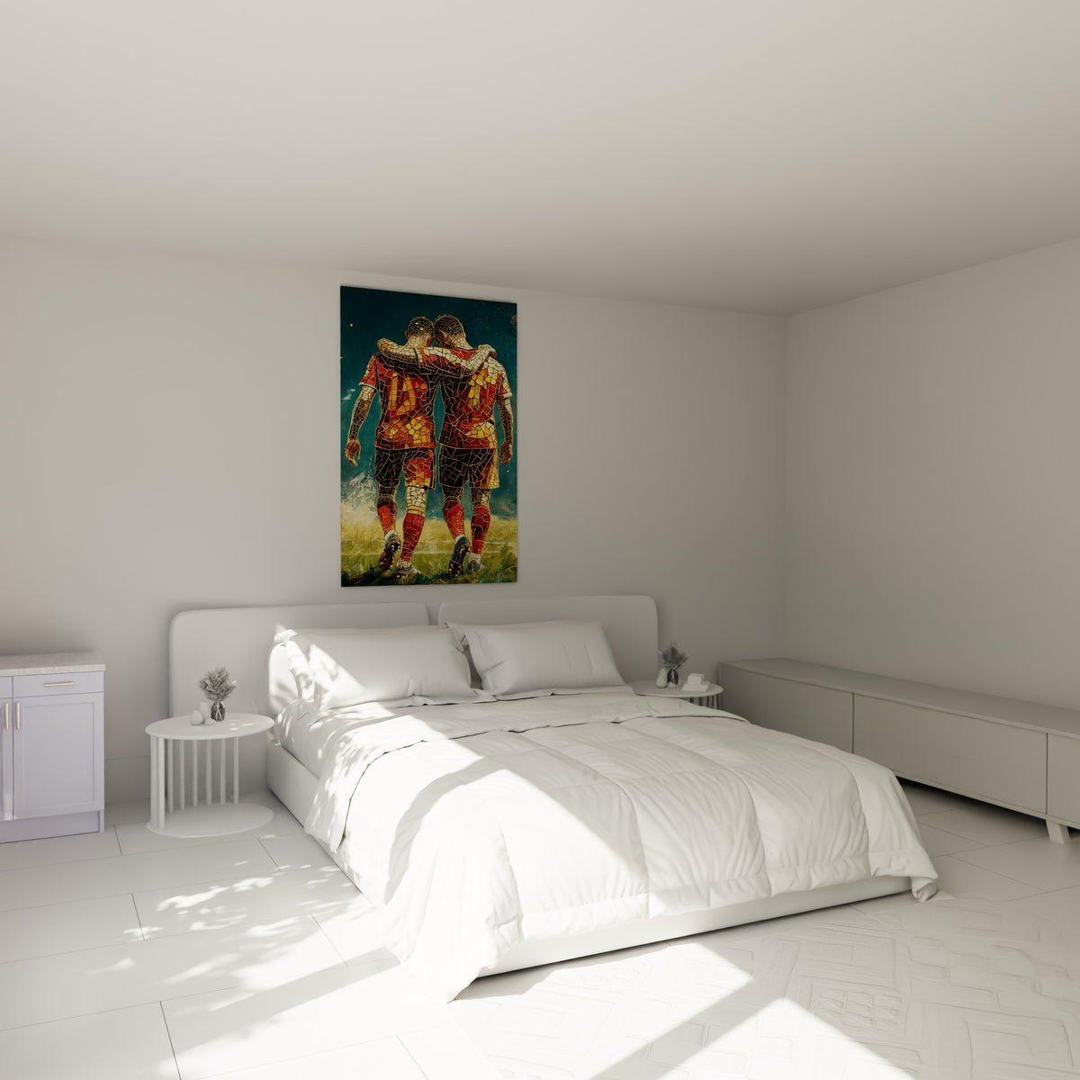 Joueurs de rugby fauve et doré en mosaïque, épaule contre épaule, au-dessus d'un lit dans une chambre claire