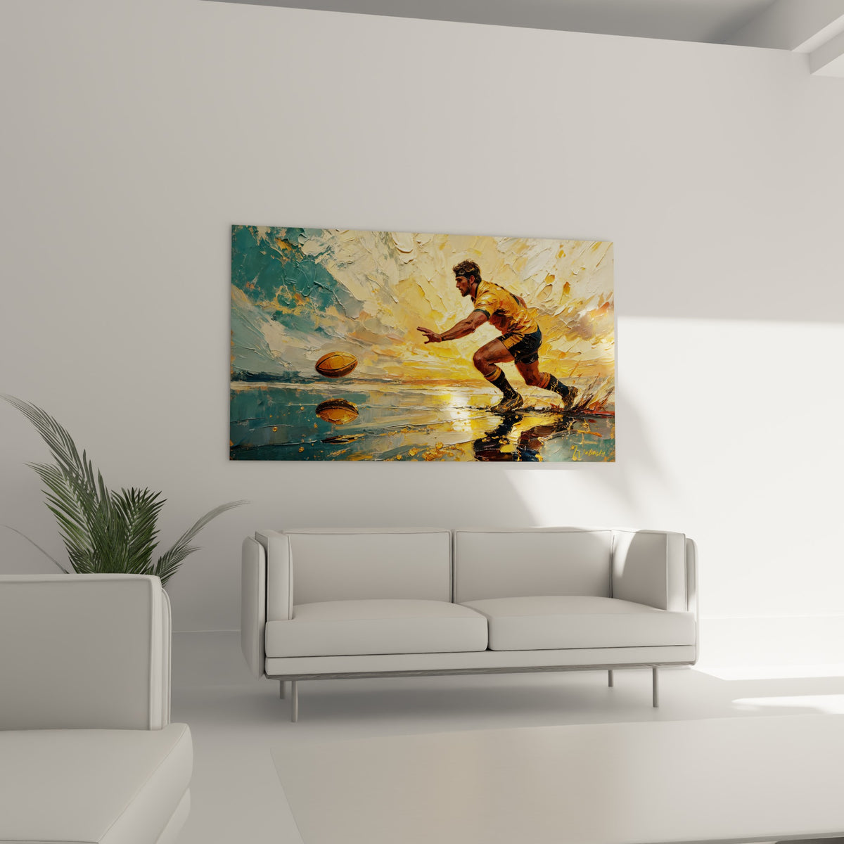 Course d'un joueur de rugby vers le ballon, palette ocre et bleu, au-dessus d'un canapé dans un salon lumineux