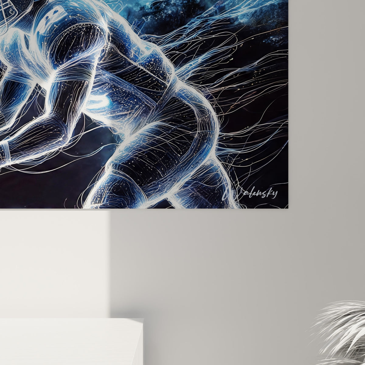 Détail des filaments lumineux blanc et bleu marine du tableau rugby révélant la texture de l'impression