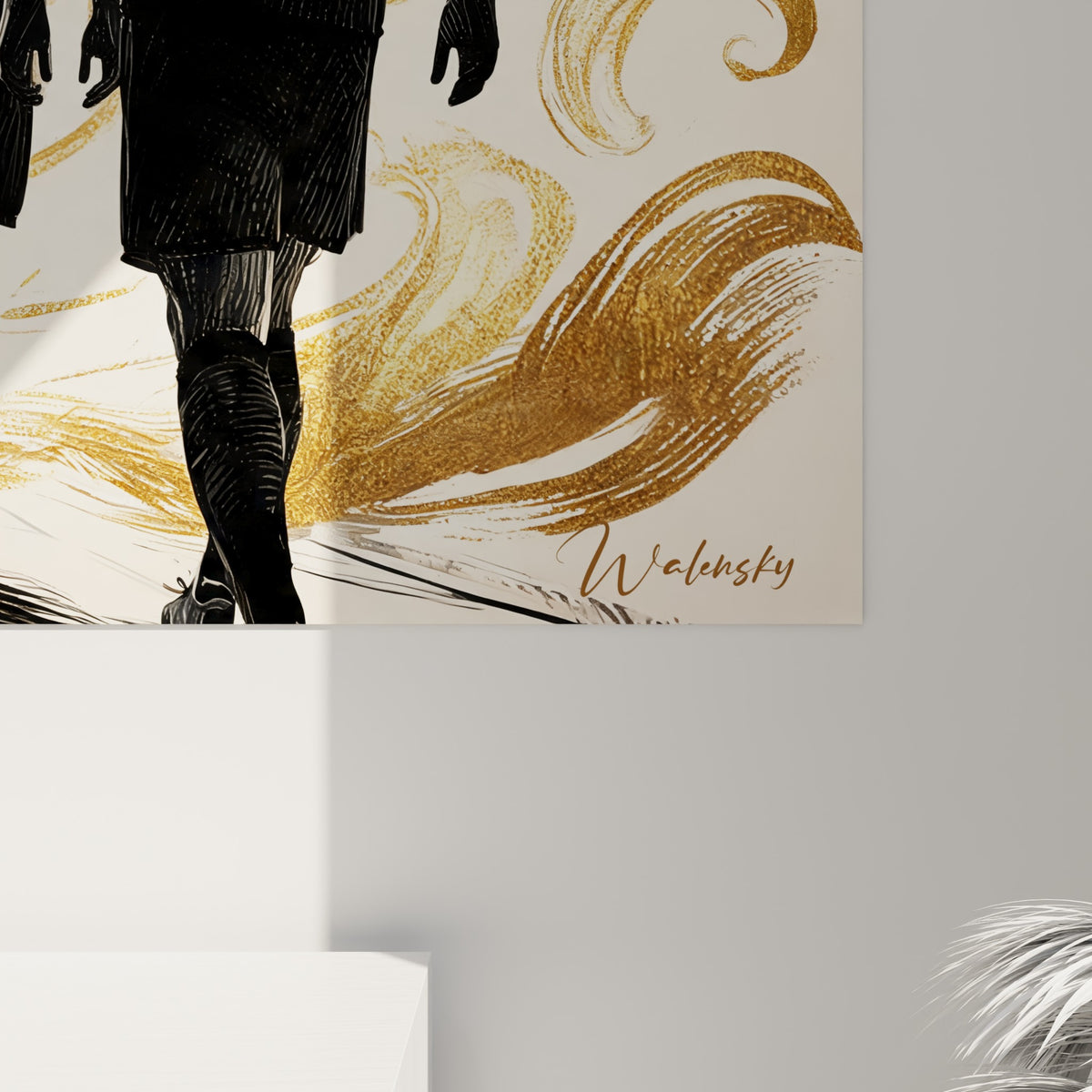 Détail des traits noirs et des volutes dorées peintes sur la toile représentant des joueurs de rugby