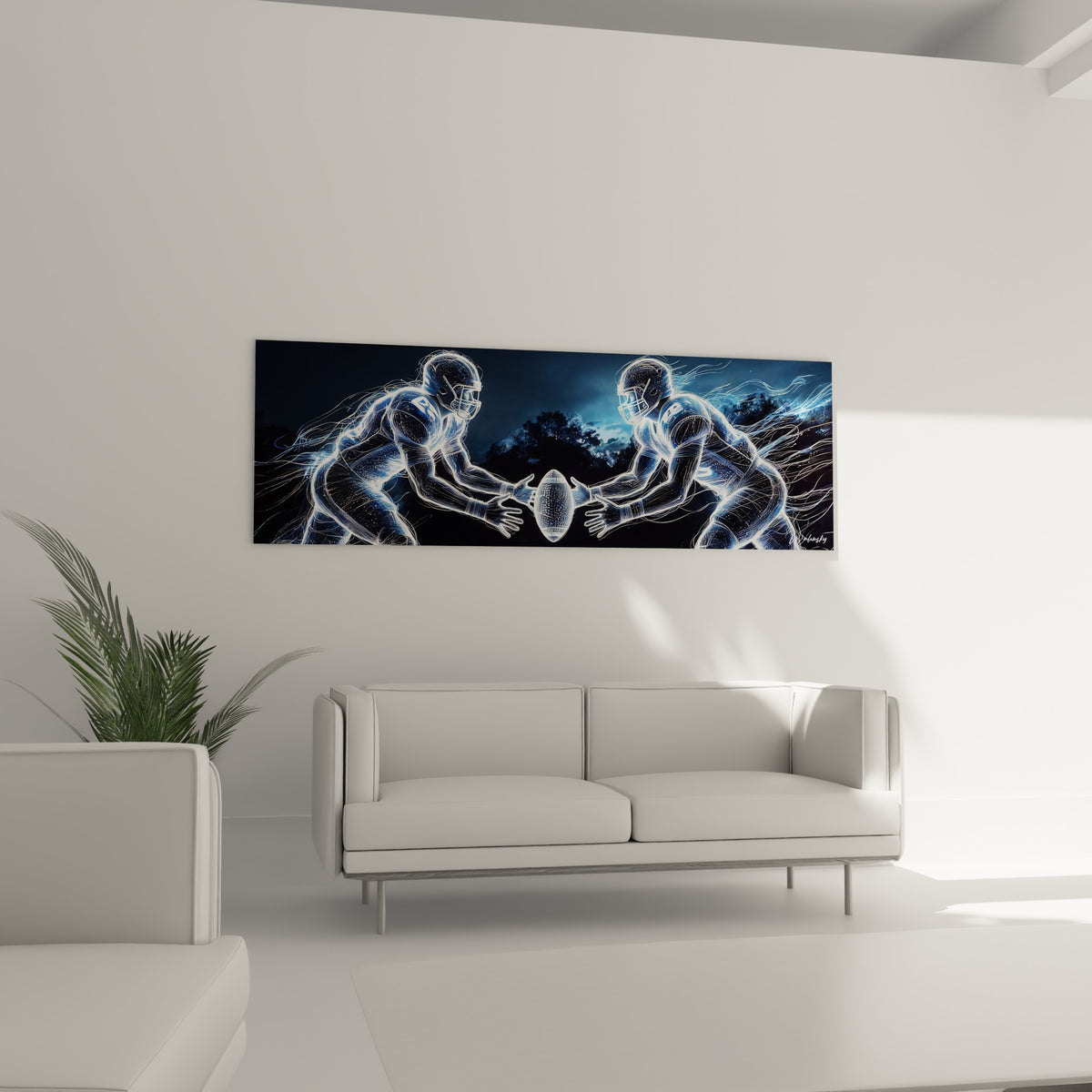 Athlètes lumineux blanc et bleu électrique de rugby au-dessus d'un canapé dans un salon lumineux