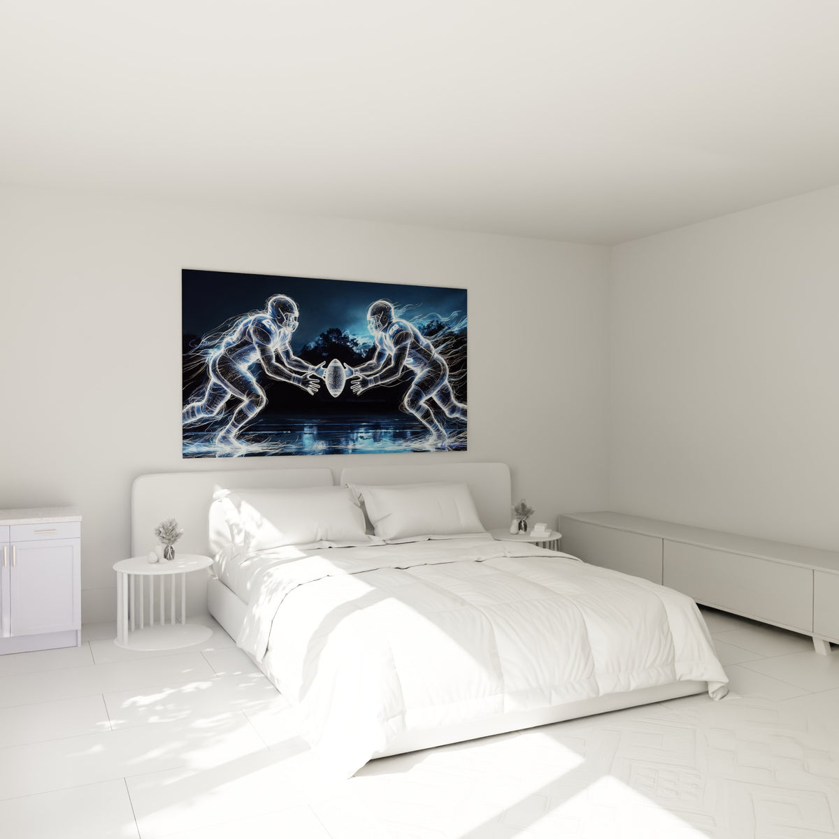 Joueurs lumineux bleu anthracite et blanc électrique disposés au-dessus d'un lit dans une chambre claire