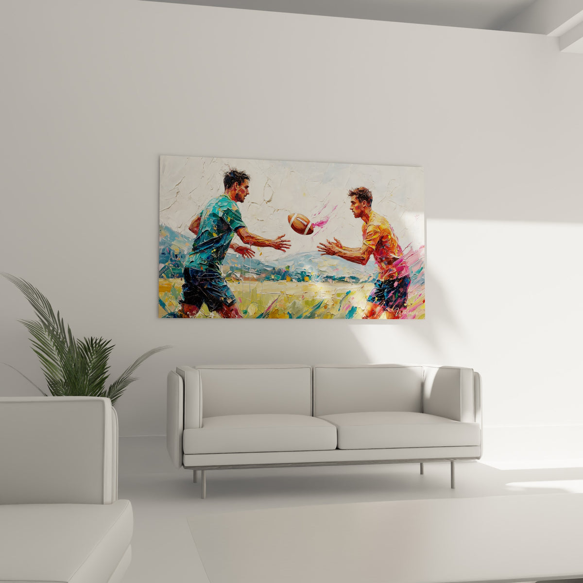 Silhouettes fauves et turquoise se tendant un ballon suspendu, au-dessus d'un canapé dans un salon lumineux