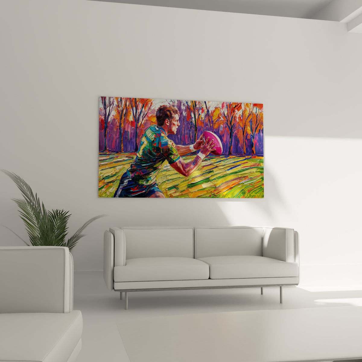 Rugbyman en mouvement dans une palette violette et ocre, au-dessus d'un canapé dans un salon lumineux