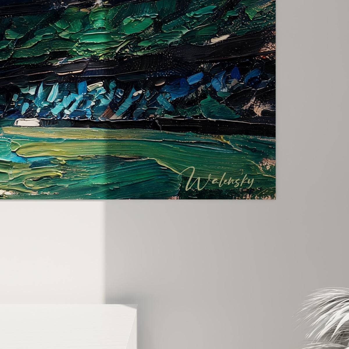 Empâtements bleu marine et orange vif visibles en relief, coulures et grain de la toile sur ce tableau rugby