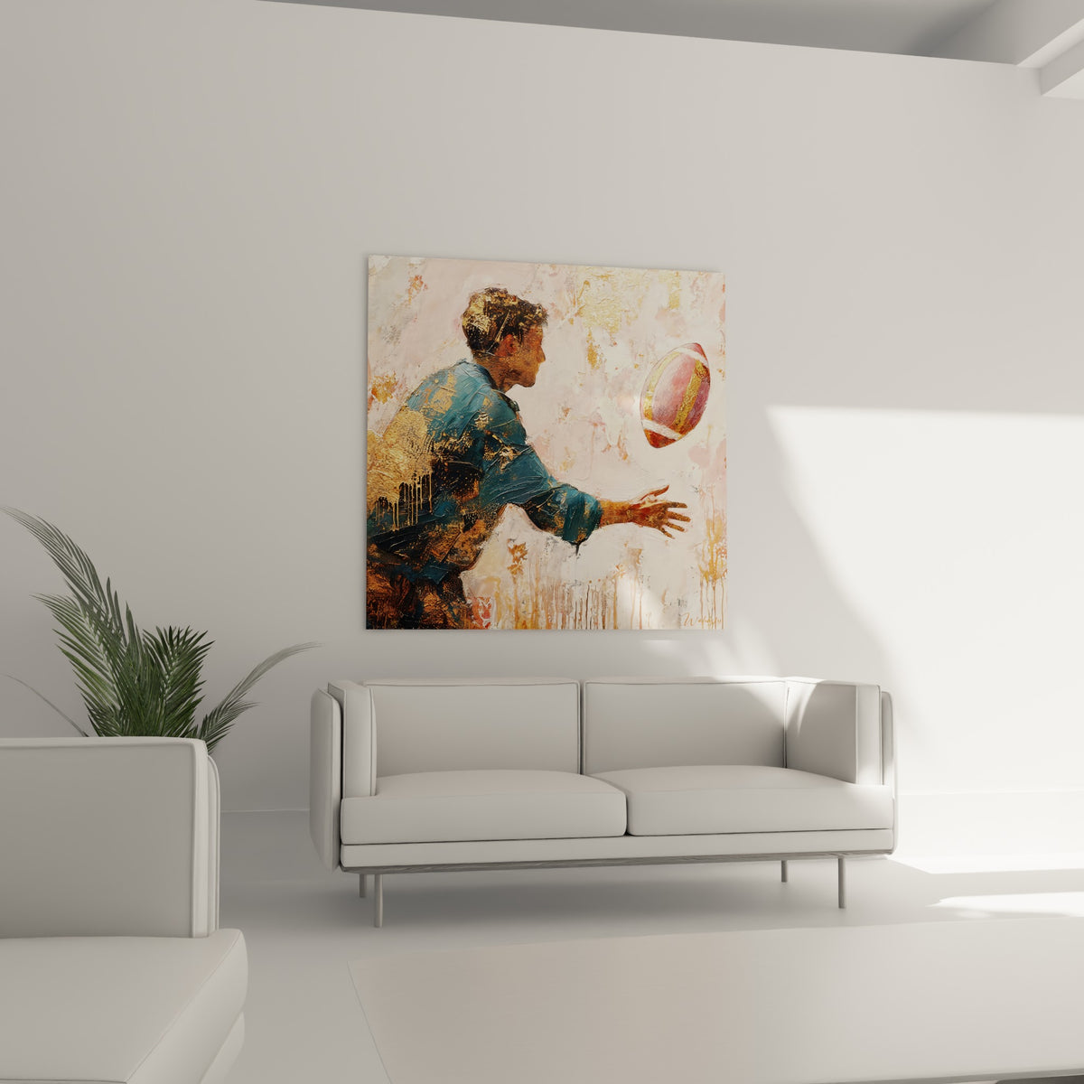 Ballon ovale terracotta suspendu près d'un joueur bleu pétrole, au-dessus d'un canapé dans un salon lumineux