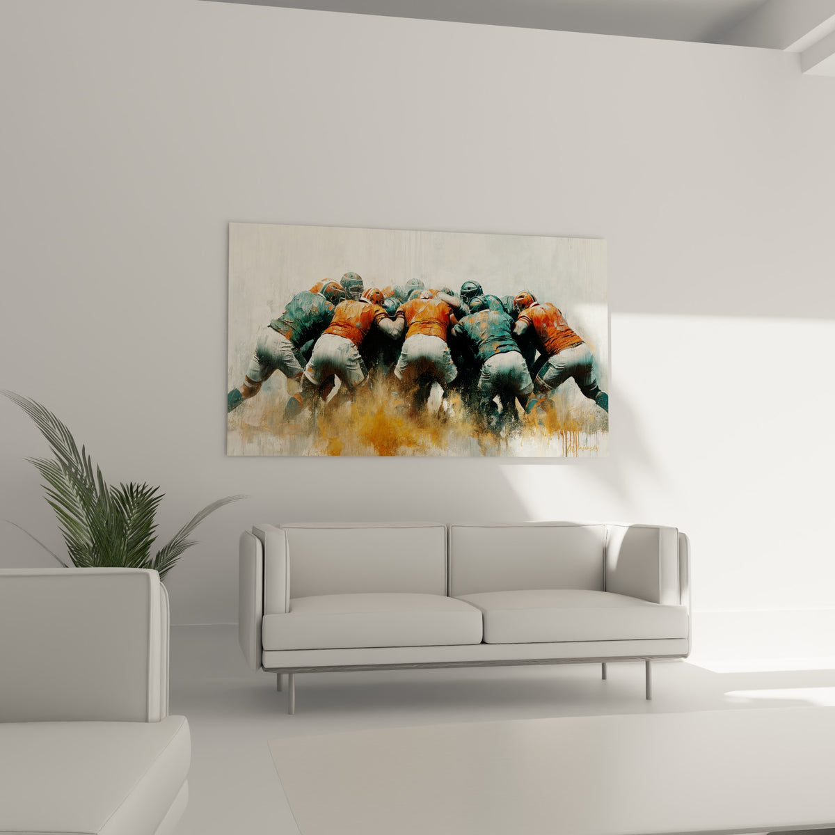 Formation de rugby aux teintes terracotta et bleu sarcelle, effort collectif, au-dessus d'un canapé dans un salon lumineux