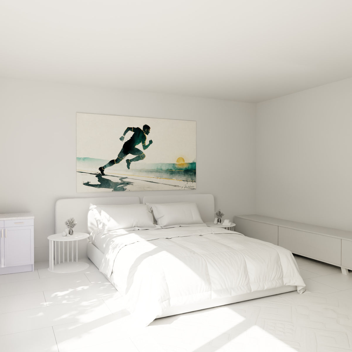 Silhouette de joueur émeraude et anthracite en pleine course, au-dessus d'un lit dans une chambre claire