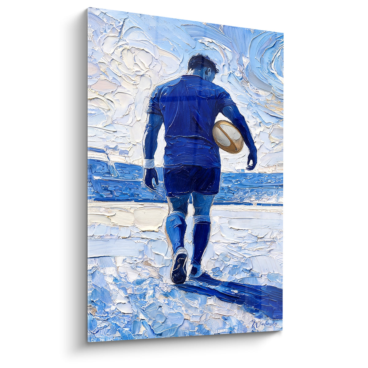 Joueur de rugby bleu marine et ballon ocre, dos tourné, texture peinte au couteau épaisse