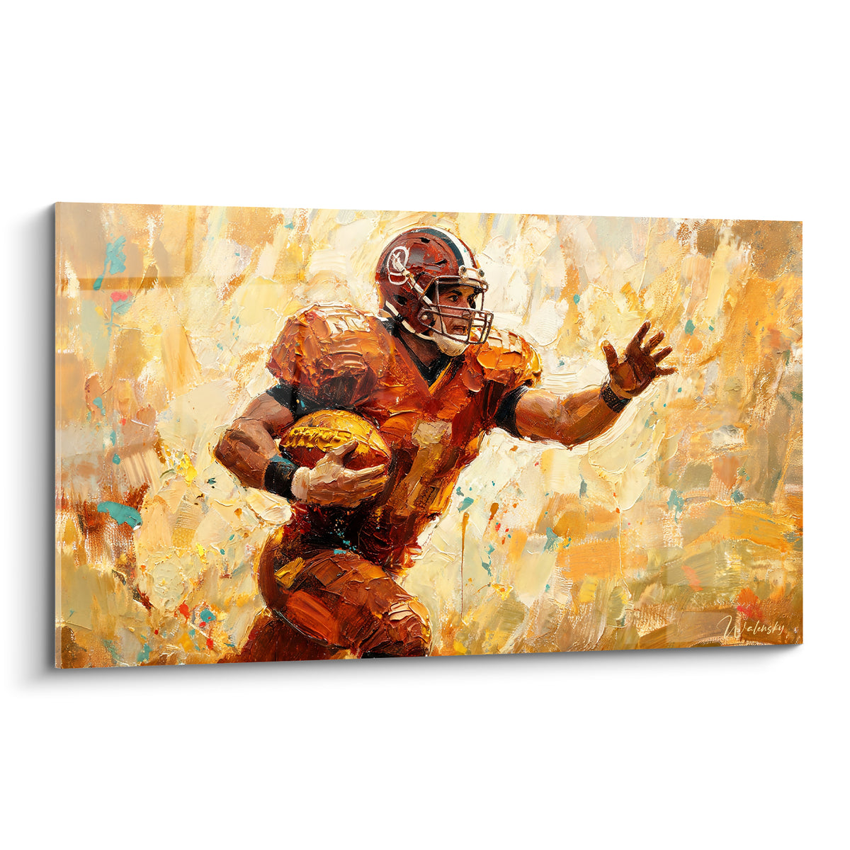 Joueur casqué ocre et doré en pleine course, ballon serré, peinture au couteau texturée