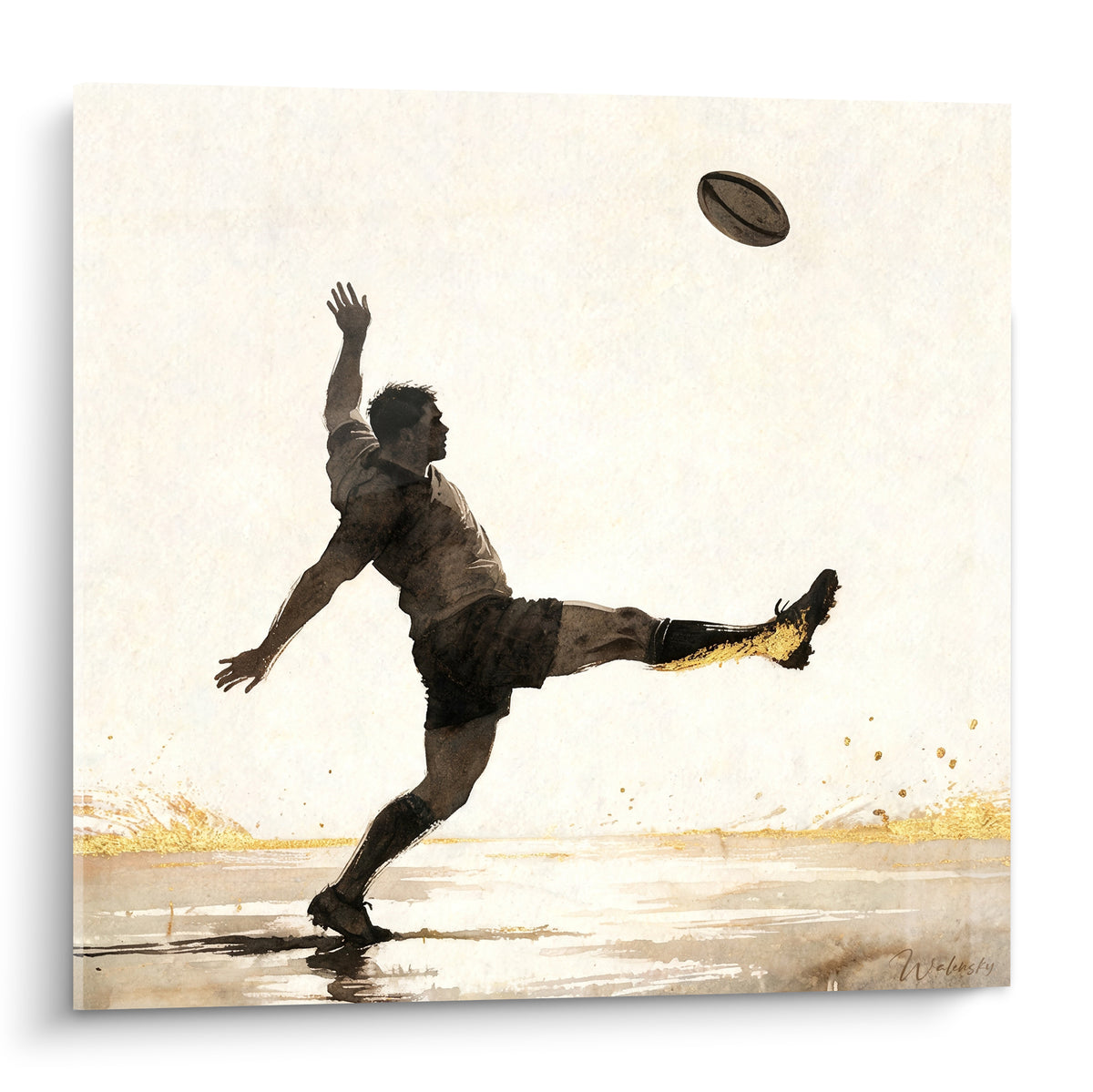 Joueur de rugby en dégagement, silhouette noire et éclats dorés sur fond ivoire, mouvement suspendu