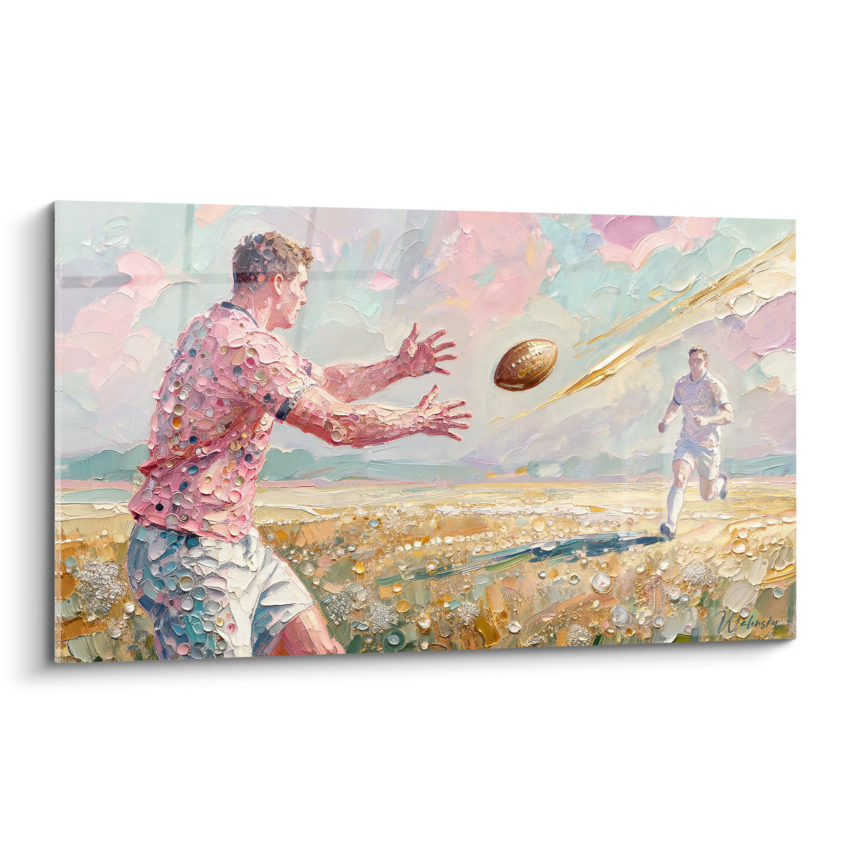 Joueur en maillot rose et blanc réceptionnant un ballon doré sous un ciel pastel