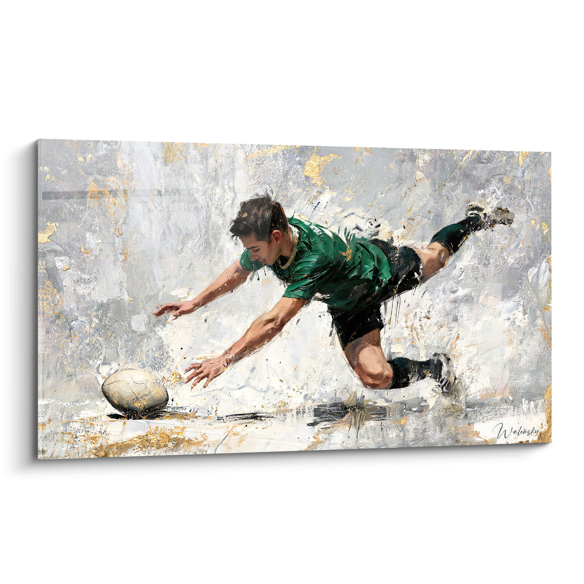 Joueur de rugby en maillot vert plongeant vers un ballon, fond gris et doré texturé