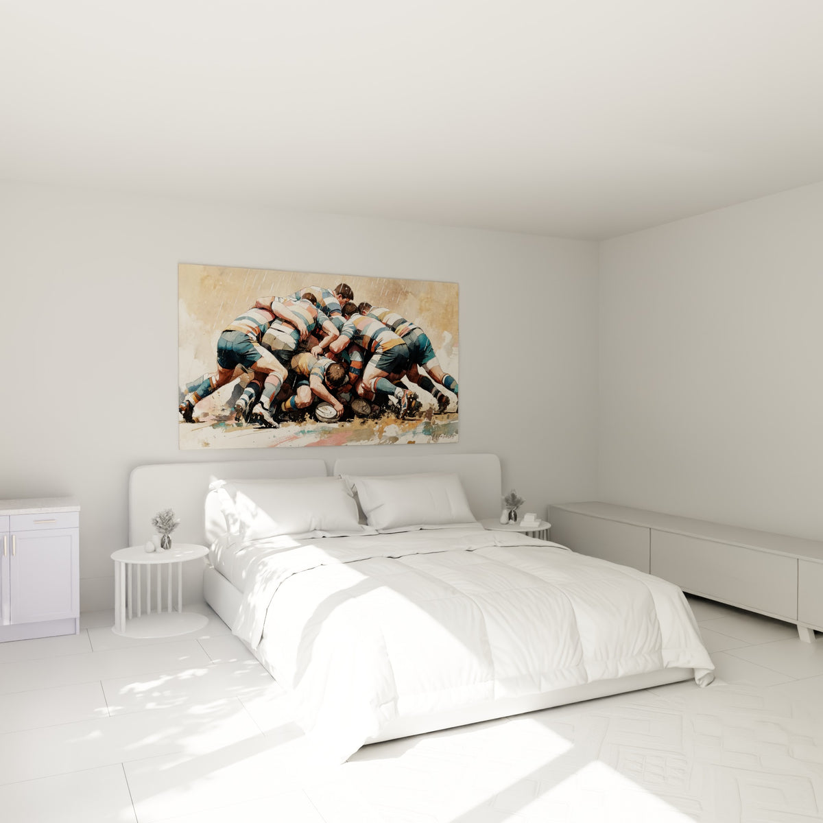 Joueurs de rugby en mêlée compacte, tons ocre et bleu marine, au-dessus d'un lit dans une chambre claire