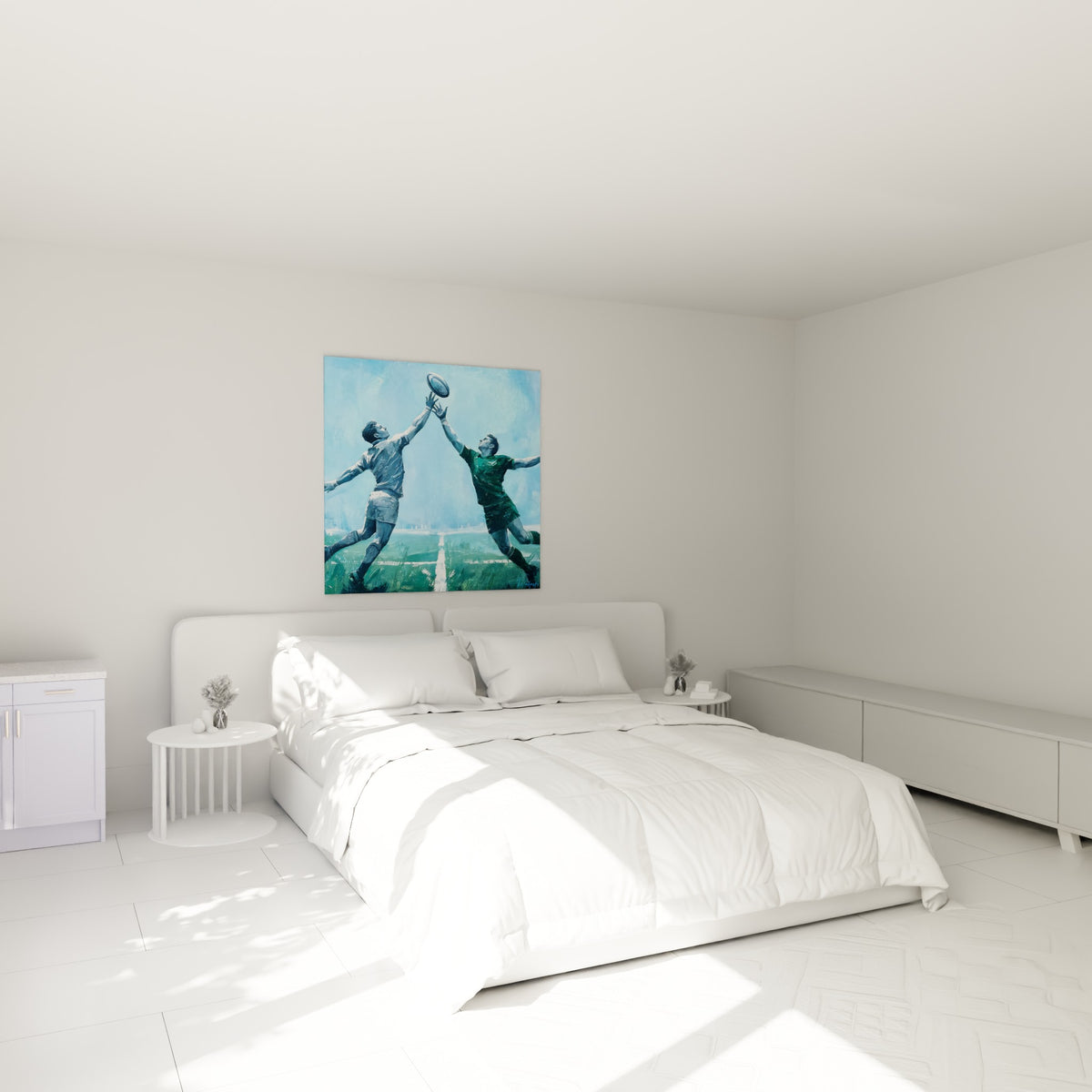 Athlètes en maillots bleu et vert bondissant vers un ballon, au-dessus d'un lit dans une chambre claire
