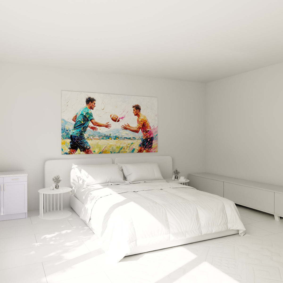Passe de ballon entre deux athlètes en maillots turquoise et ocre, au-dessus d'un lit dans une chambre claire