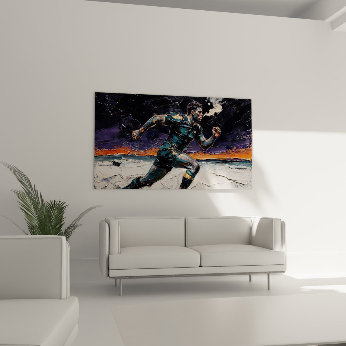 Coureur athlétique en maillot doré et bleu marine, foulée puissante, au-dessus d'un canapé dans un salon lumineux