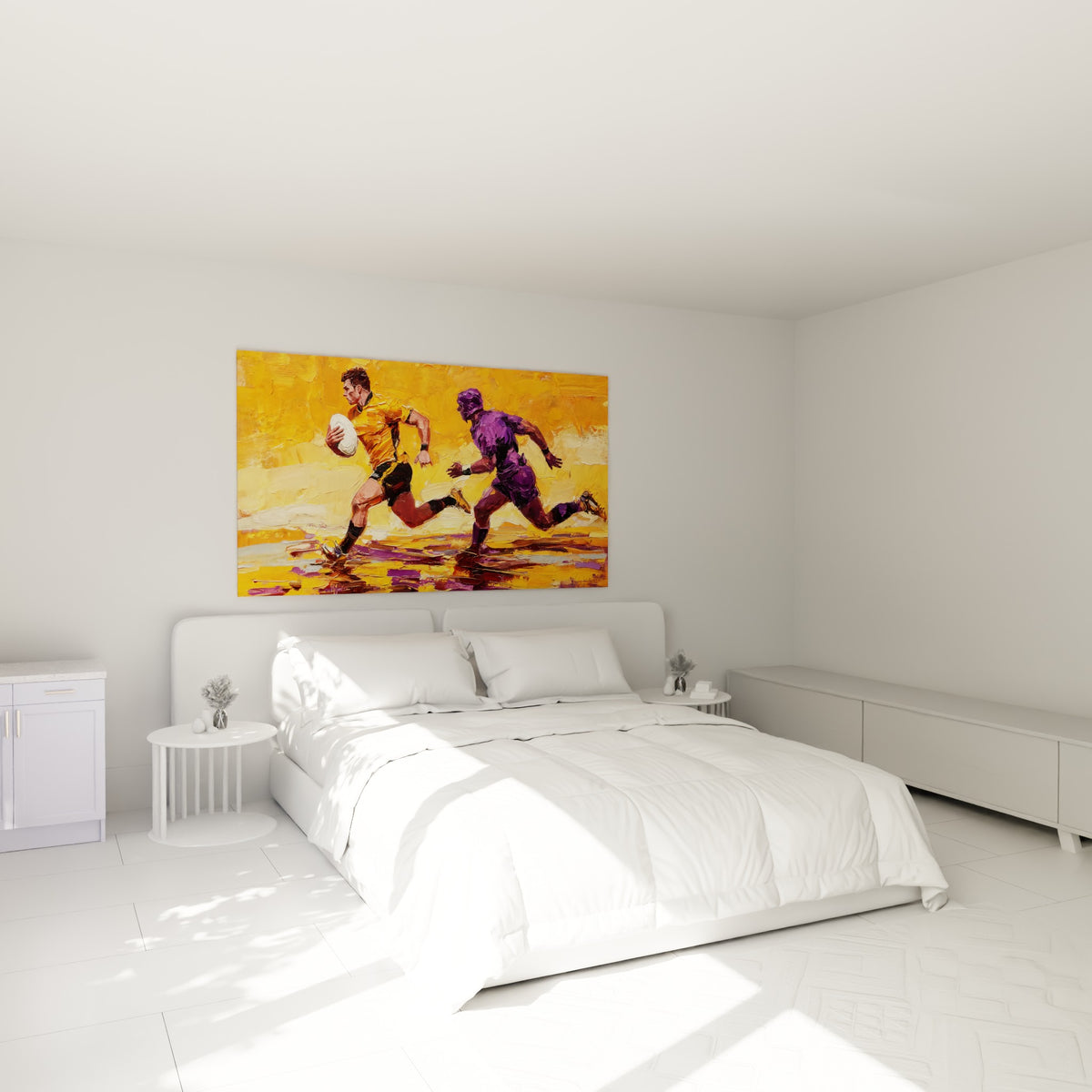 Course de rugby entre maillot jaune et tenue violette, au-dessus d'un lit dans une chambre claire