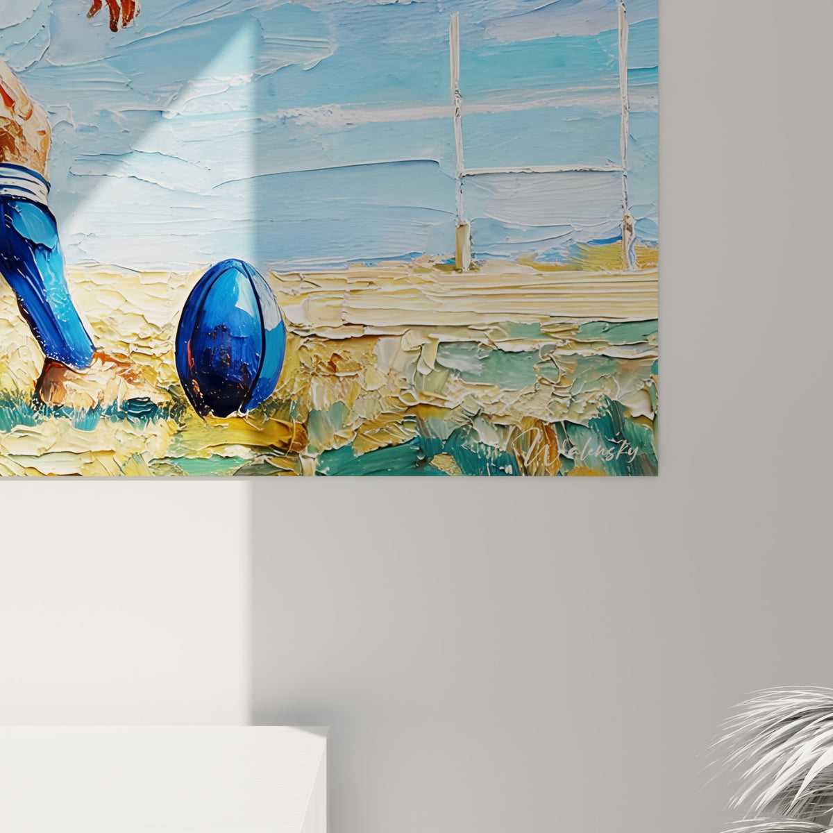 Empâtements épais bleu marine et ocre révélant la matière du geste sportif peint au couteau