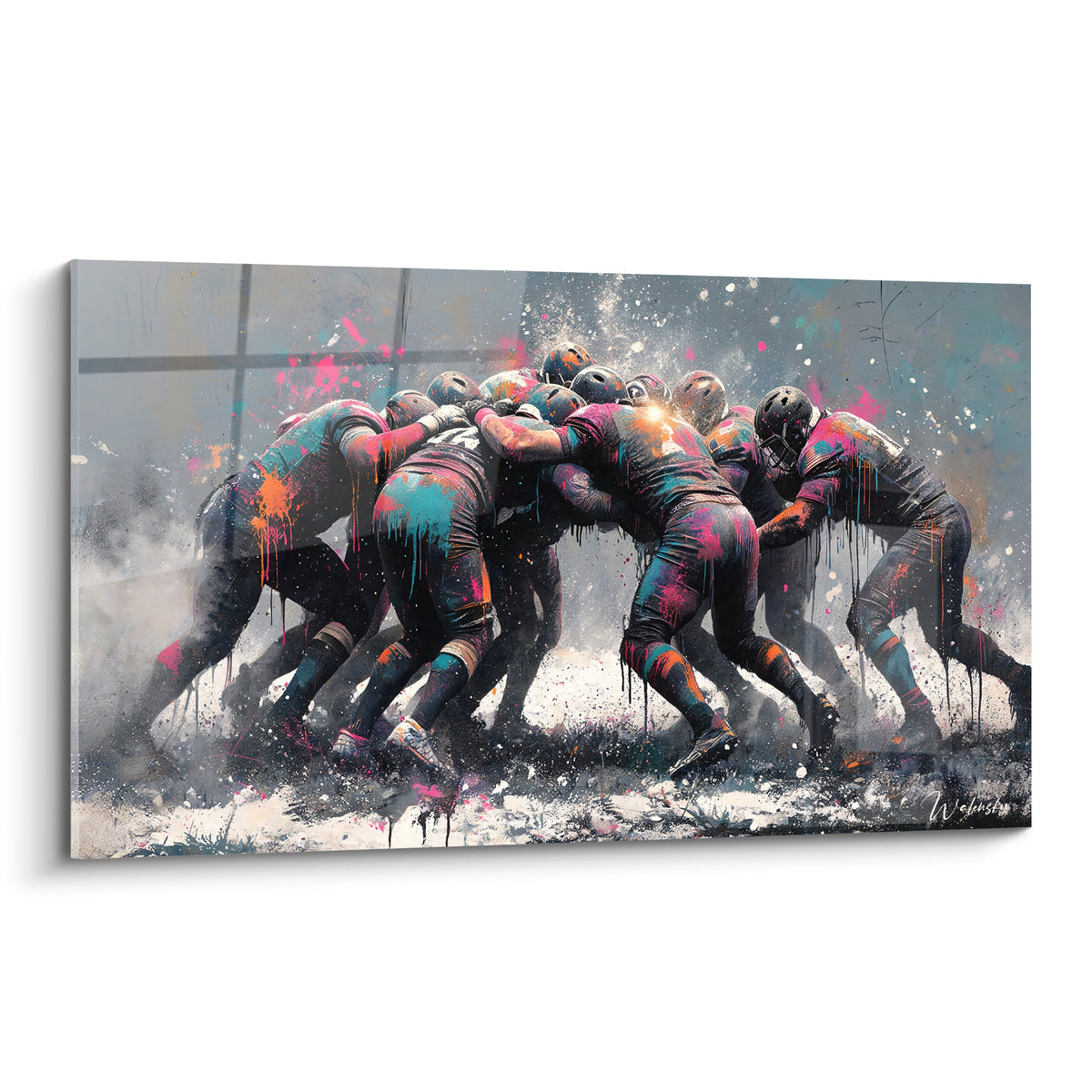 Joueurs de rugby en mêlée anthracite et fuchsia, casques serrés dans un choc de peinture éclatée