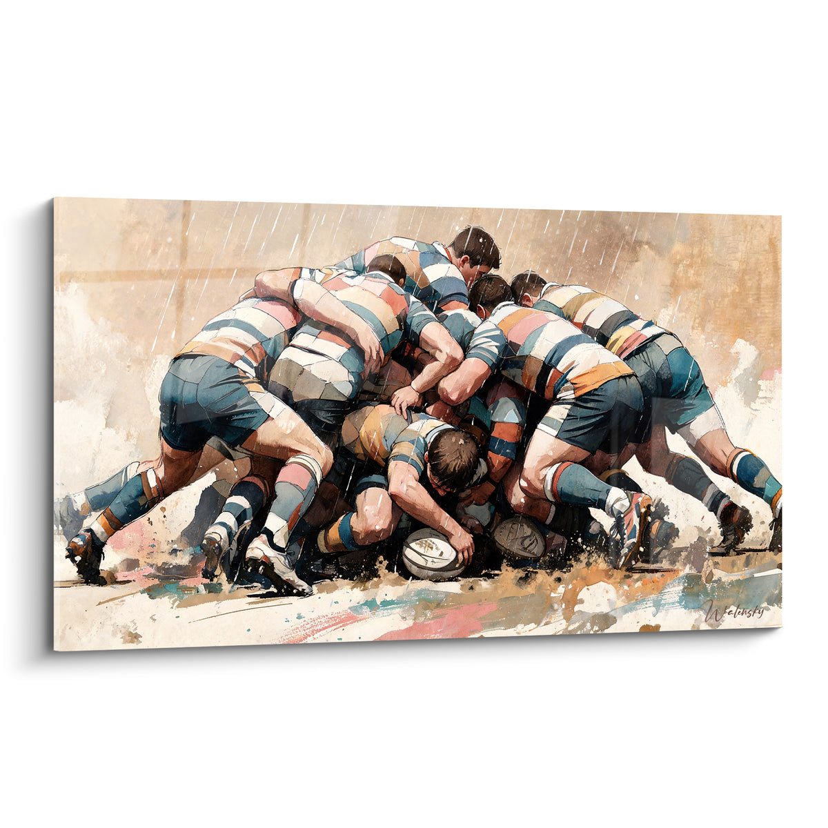 Mêlée de rugby en aquarelle ocre et bleu marine, joueurs courbés sous une pluie battante