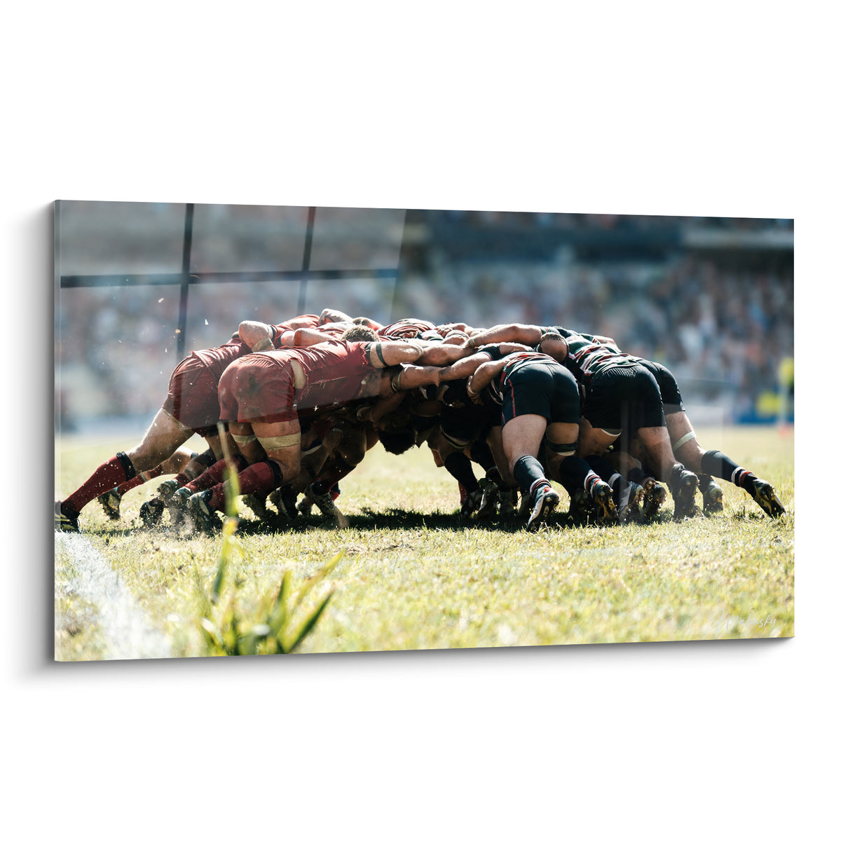 Mêlée de rugby aux maillots rouges et noirs, corps courbés sur pelouse vert olive ensoleillée