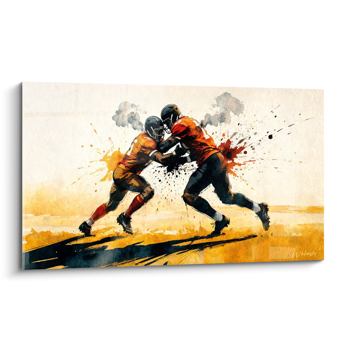 Joueurs de rugby ocre et anthracite en plaquage, éclaboussures rouges et noires, style aquarelle