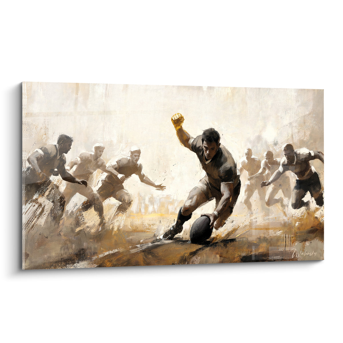 Joueur de rugby au poing doré levé, maillot sombre, fond ocre et brun, scène d'essai marqué
