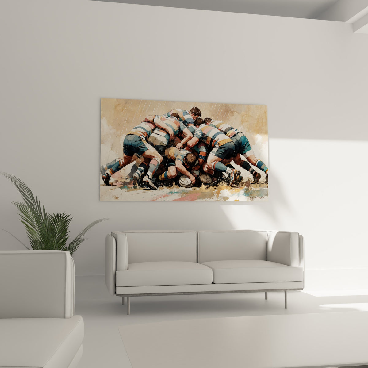 Scène de mêlée sportive aux couleurs terracotta et anthracite, au-dessus d'un canapé dans un salon lumineux