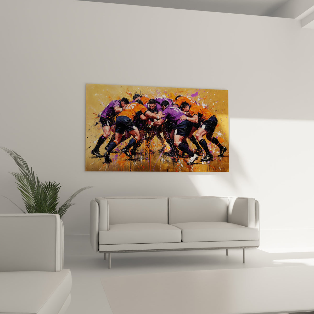 Scène de mêlée rugby aux teintes orange et pourpres, disposée au-dessus d'un canapé dans un salon lumineux