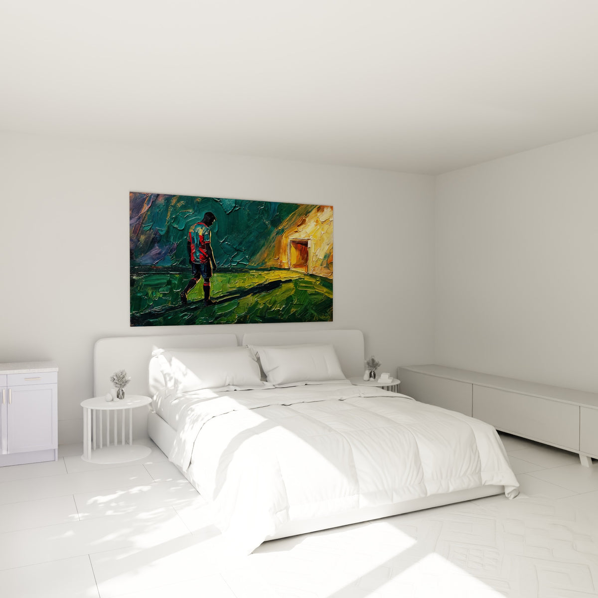 Silhouette d'un rugbyman ocre et vert traversant le terrain, au-dessus d'un lit dans une chambre claire