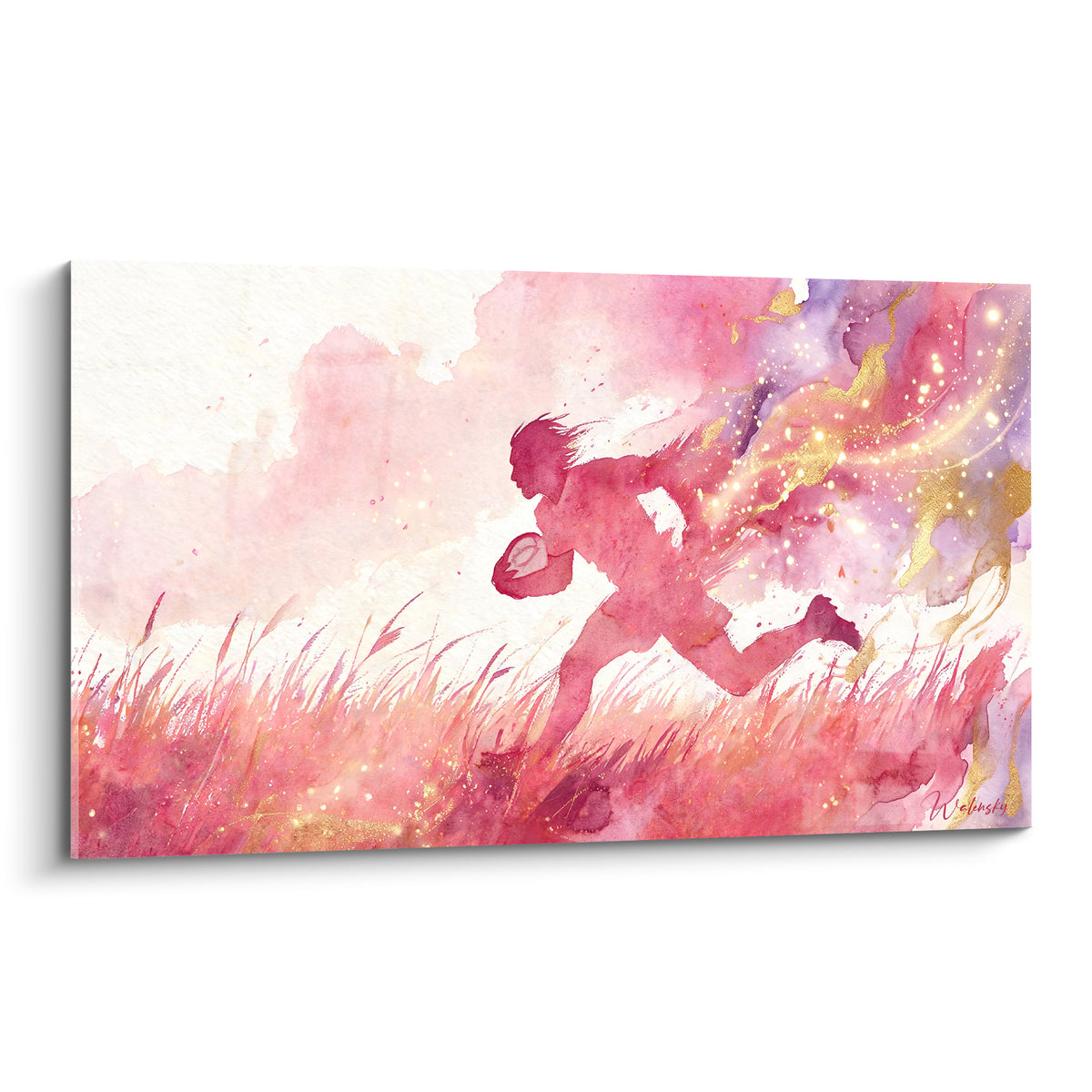 Silhouette rose fuchsia d'un joueur de rugby courant, éclats dorés et fond violet aquarelle