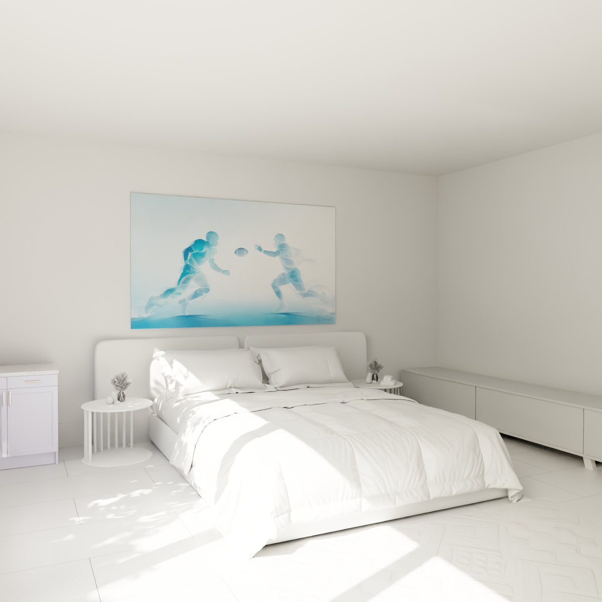 Silhouettes Rugby bleu pastel et blanc en pleine course, au-dessus d'un lit dans une chambre claire