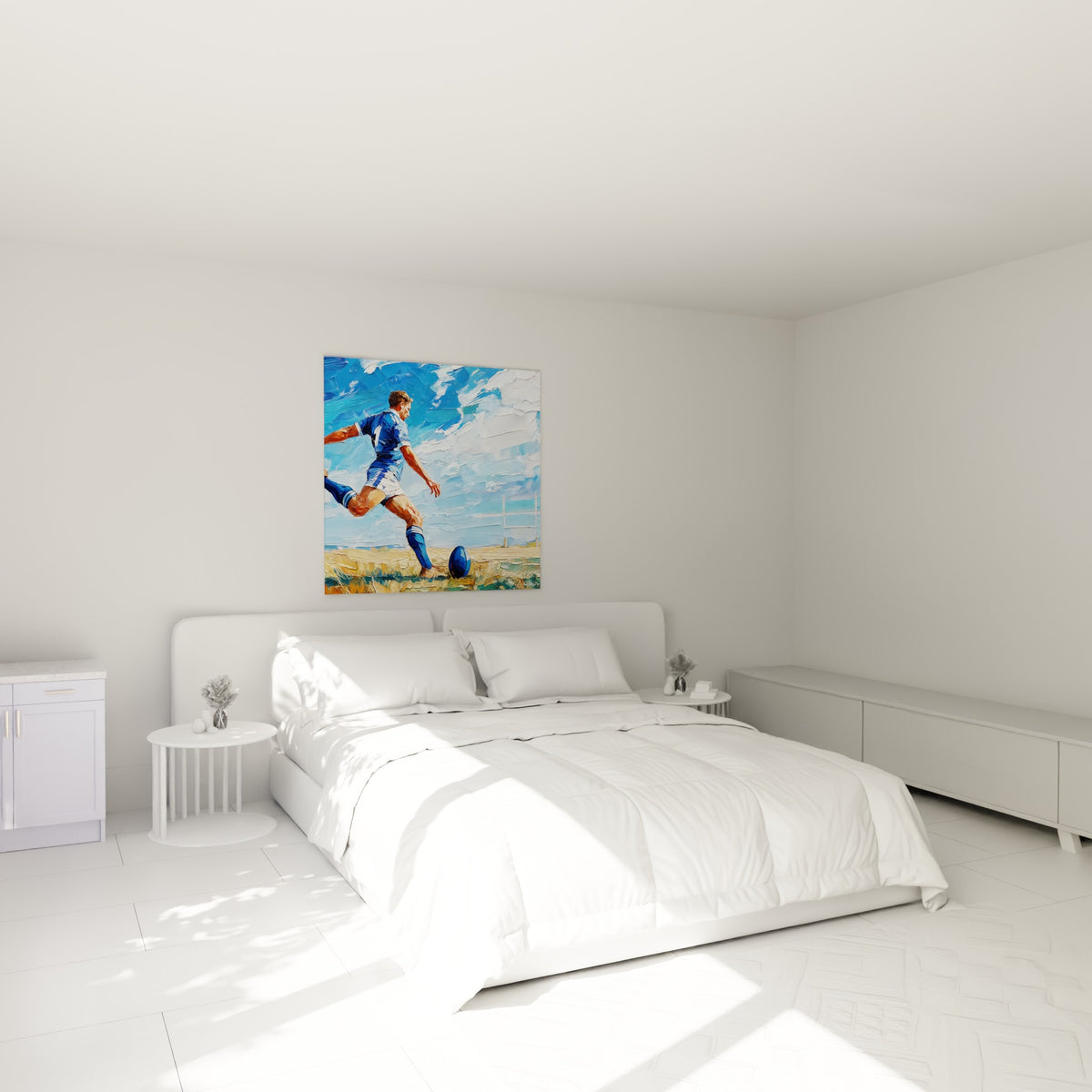 Sportif en bleu marine s'élançant vers le ballon ovale, accroché au-dessus d'un lit dans une chambre claire