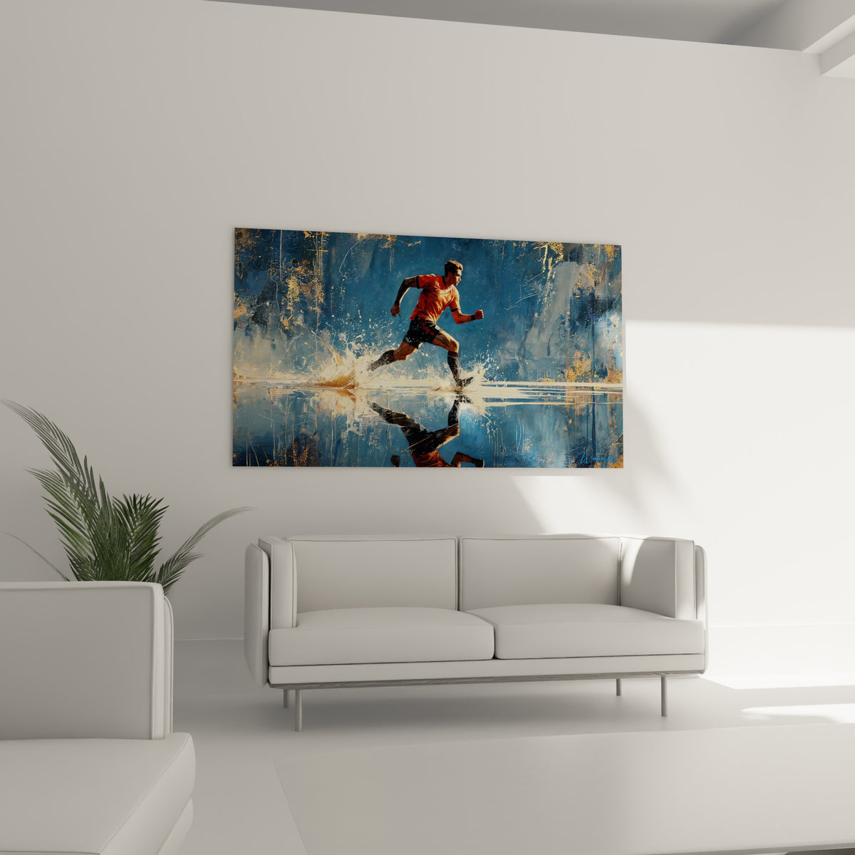 Athlète en foulée, tons dorés et bleu profond, au-dessus d'un canapé dans un salon lumineux