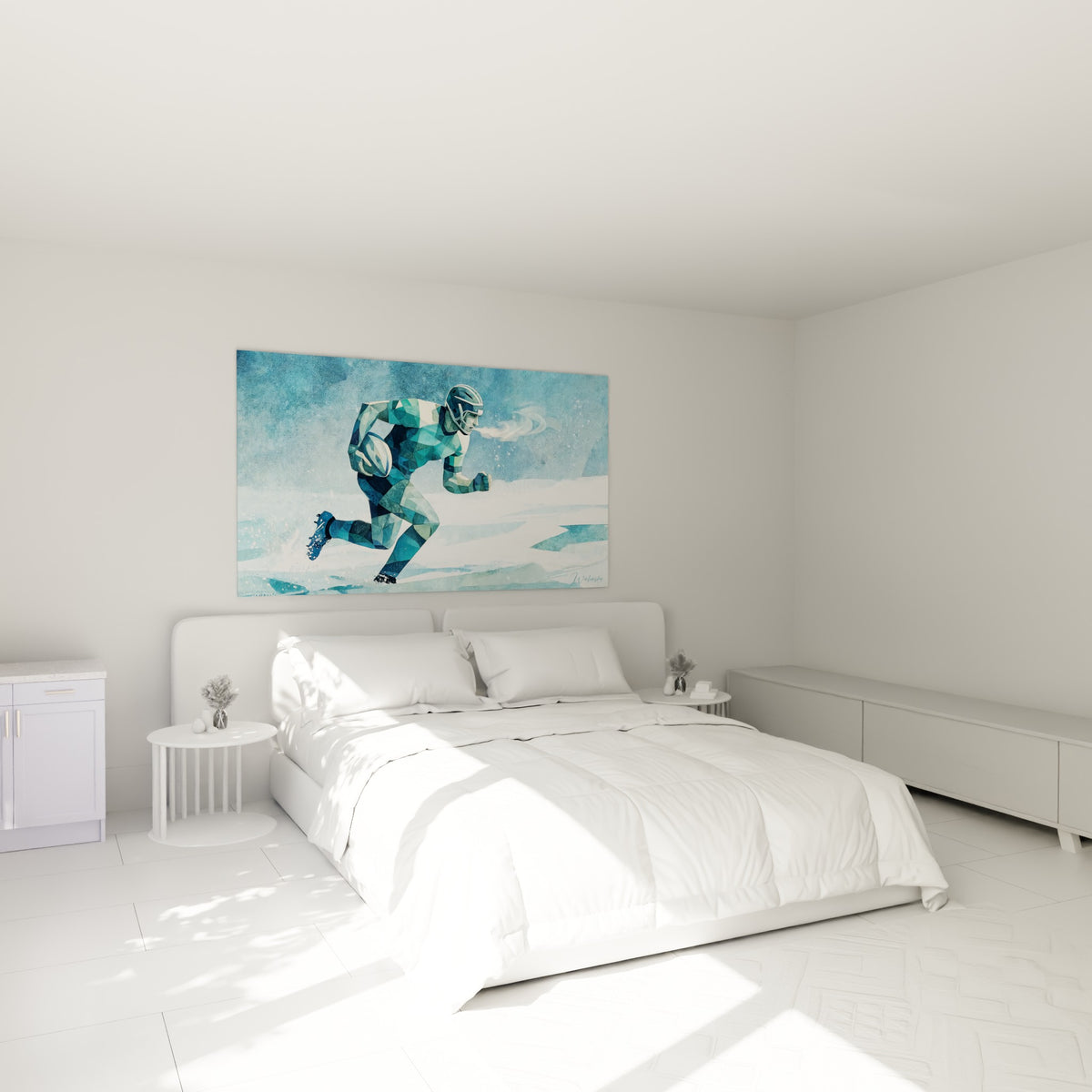 Sprint hivernal d'un joueur de rugby bleu et blanc au-dessus d'un lit dans une chambre claire