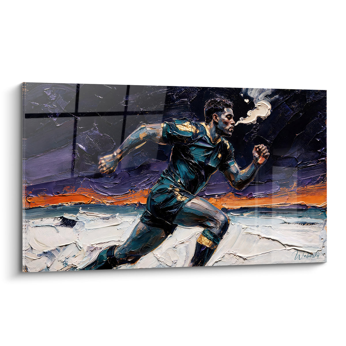 Sprinteur de rugby en bleu marine et orange crépusculaire, poings serrés, texture au couteau saisissante