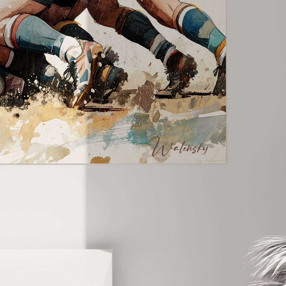 Empâtements aquarelle visibles sur les maillots ocre et bleu marine d'une mêlée de rugby accrochée au mur