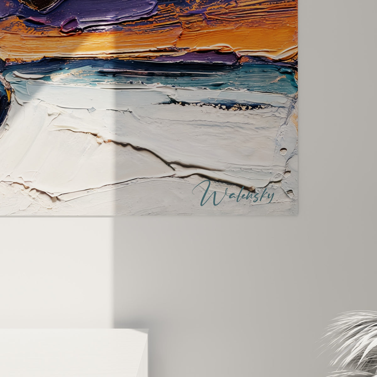 Empâtements épais en bleu marine et touches dorées révélant le relief de la peinture au couteau sur ce tableau rugby