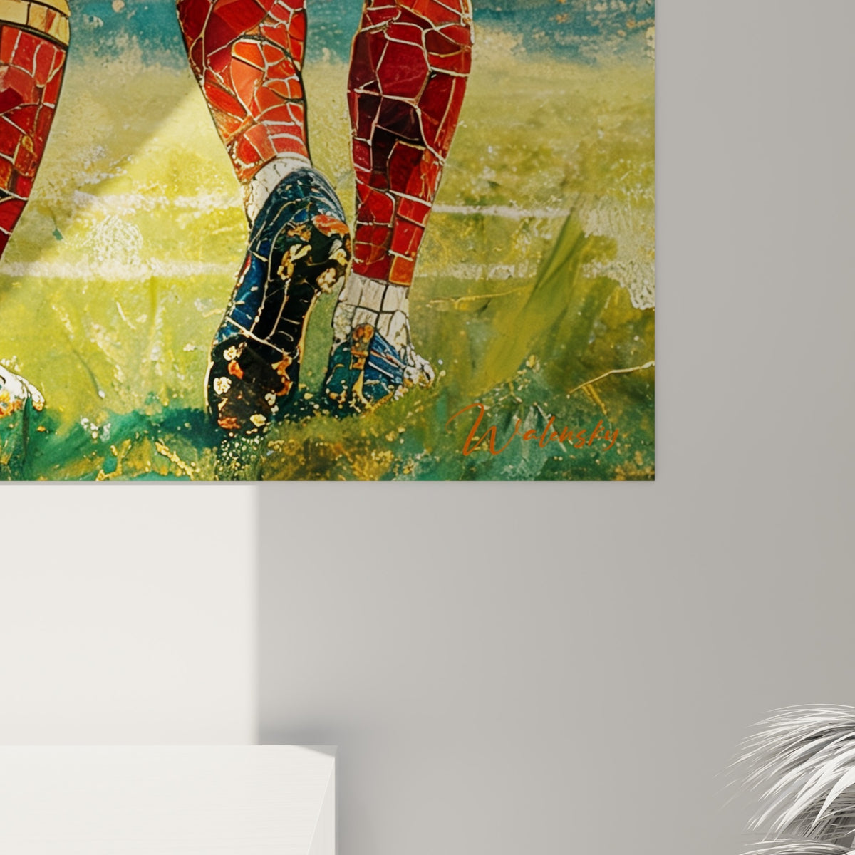 Empâtements dorés et rouges d'une mosaïque de maillot de rugby, grain texturé visible de près sur la toile