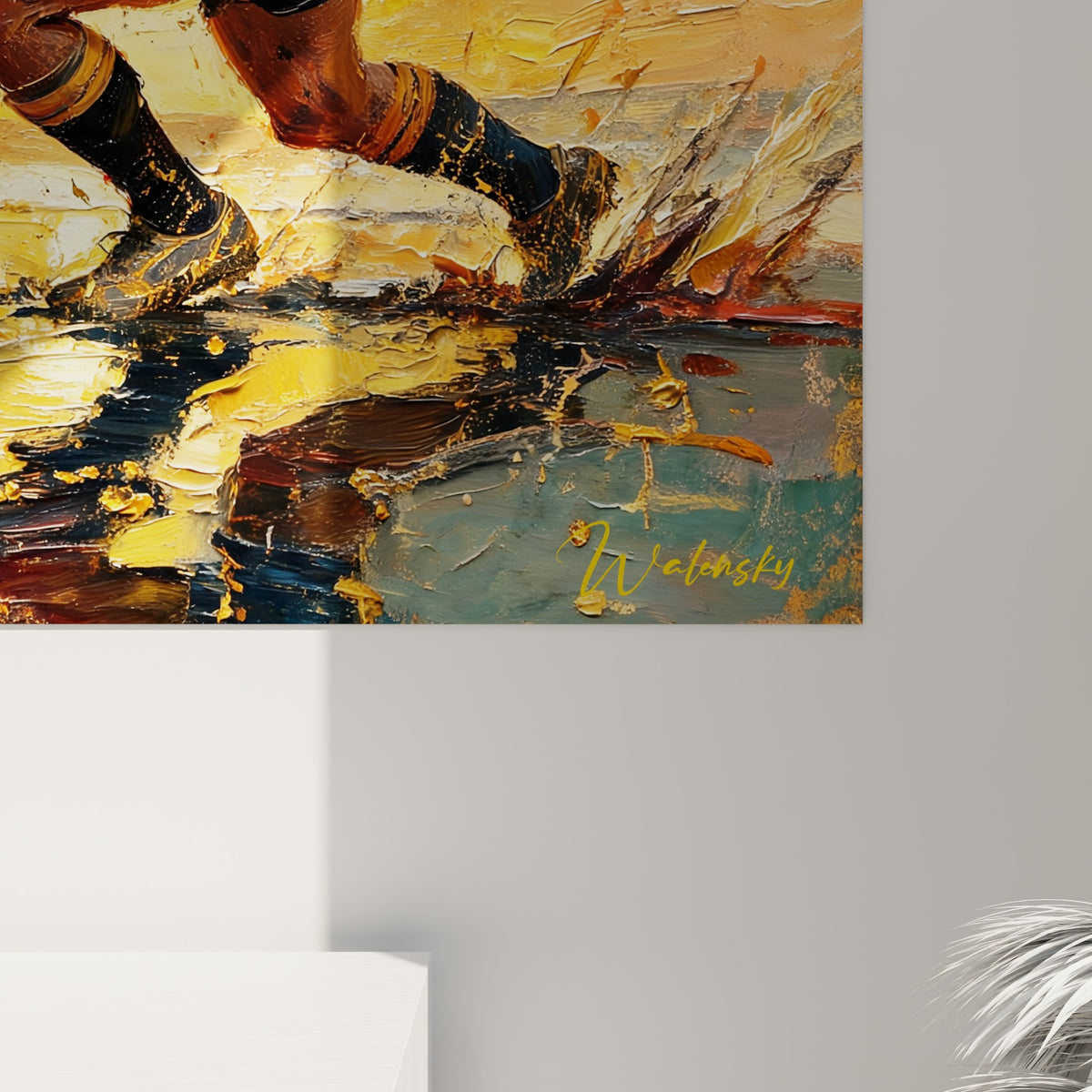 Empâtements épais dorés et bleu sarcelle révélant la matière picturale du tableau rugby accroché