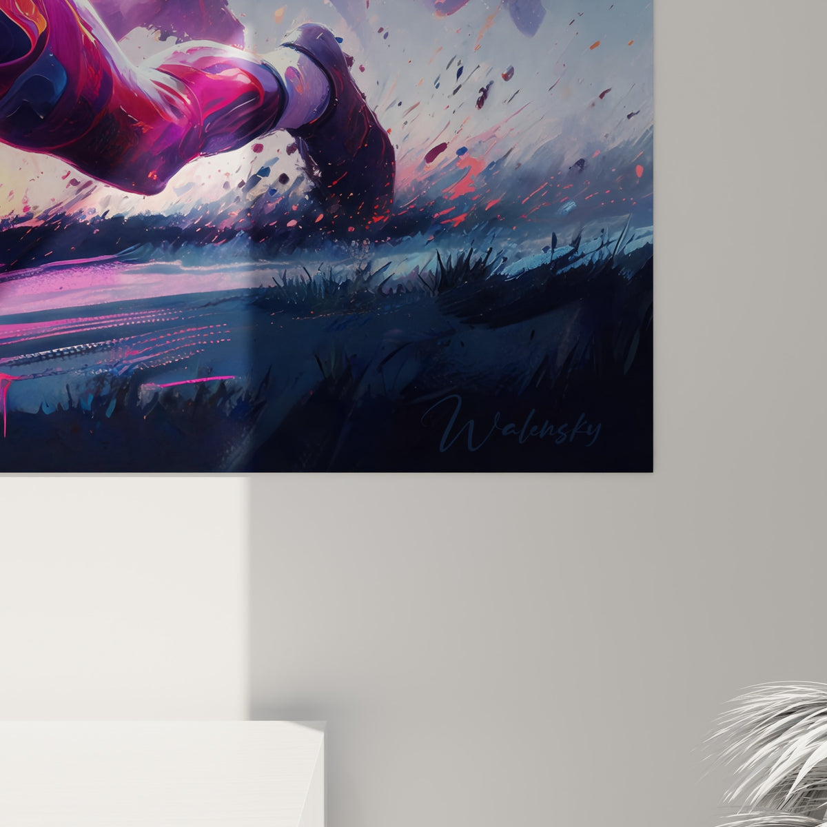 Empâtements roses et orangés du casque et coulures violettes visibles de près sur cette toile de rugby expressive