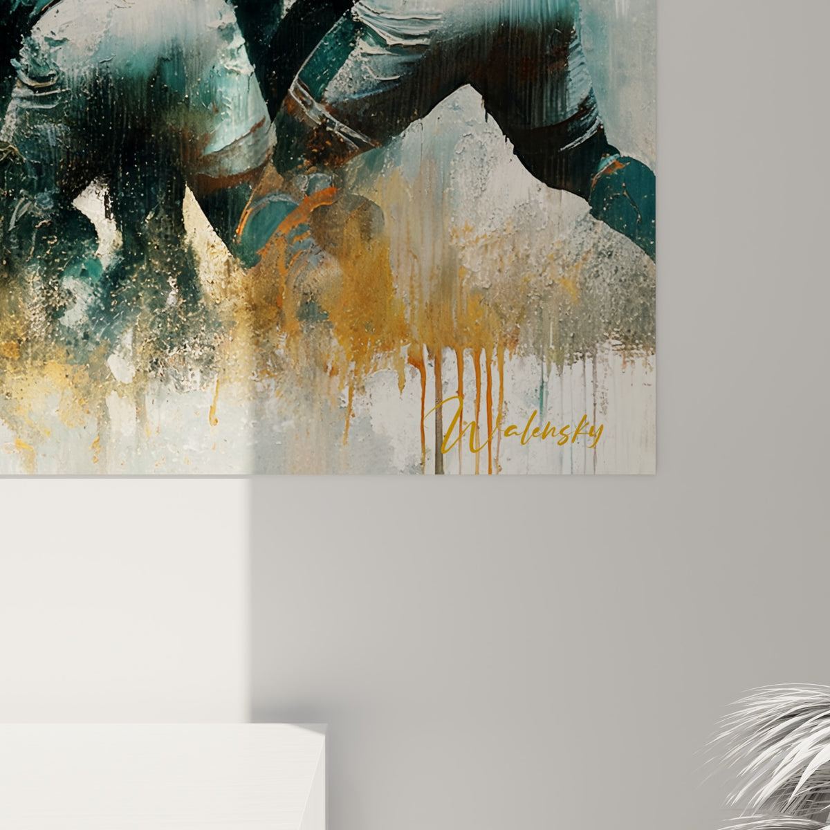 Empâtements orange et sarcelle visibles de près, coulures dorées et grain de la toile sur ce tableau rugby