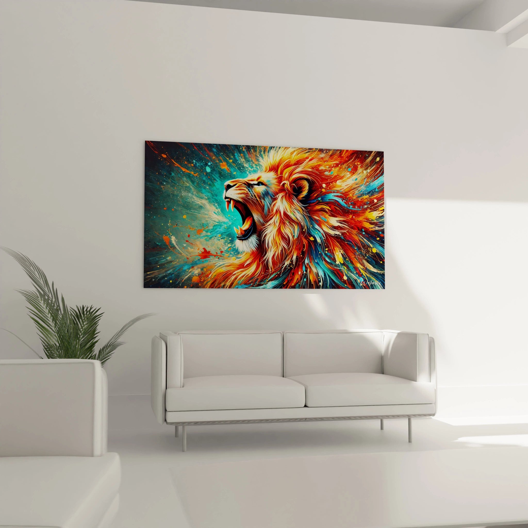 Le tableau lion suspendu dans le salon au-dessus du canapé ajoute une touche d’élégance et d’énergie à l’espace. Sa palette vibrante et son style audacieux captent instantanément l’attention.