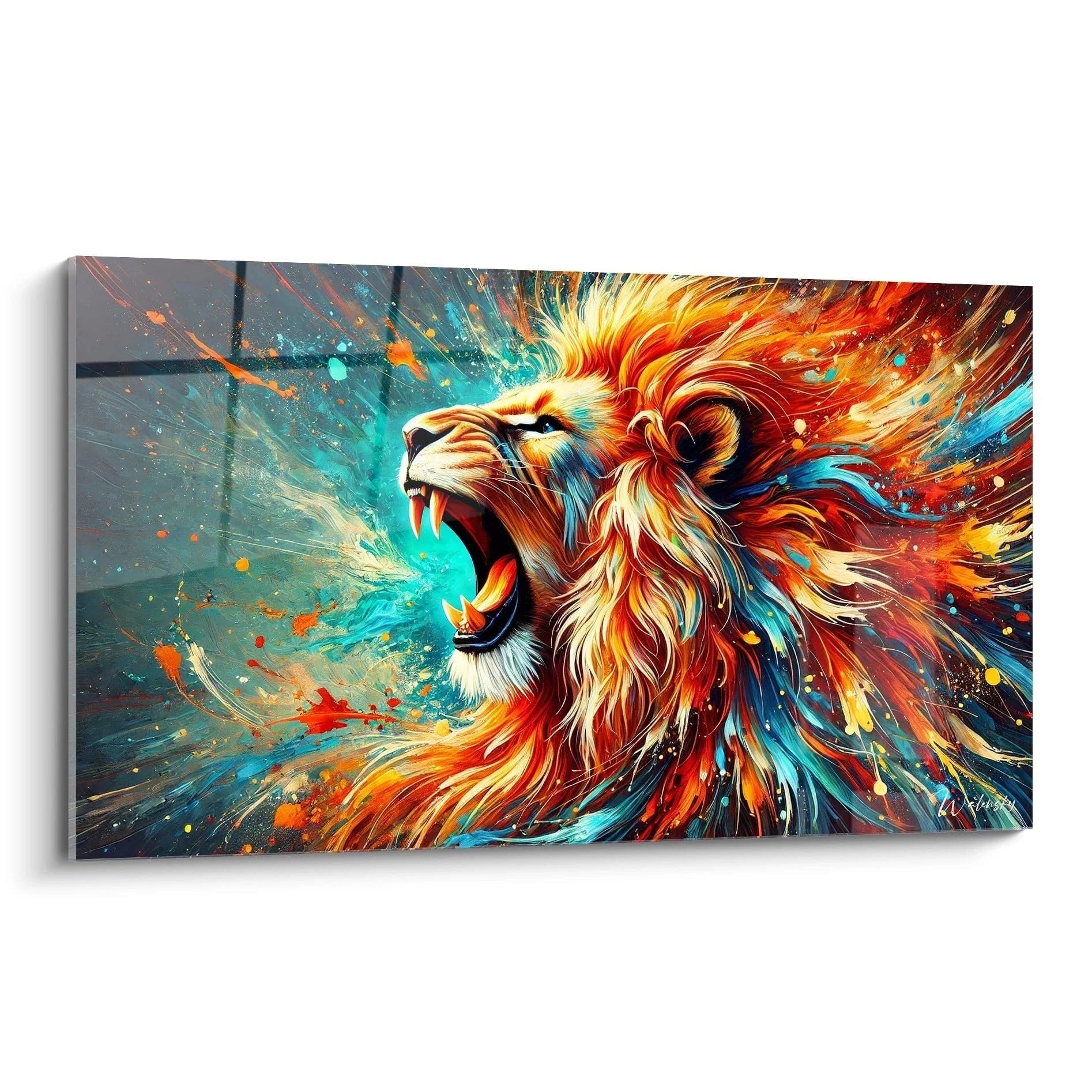 Ce tableau lion plein de vie et d'énergie capture la puissance du roi des animaux. Sa crinière flamboyante et son rugissement intense explosent en couleurs, apportant dynamisme à toute pièce.