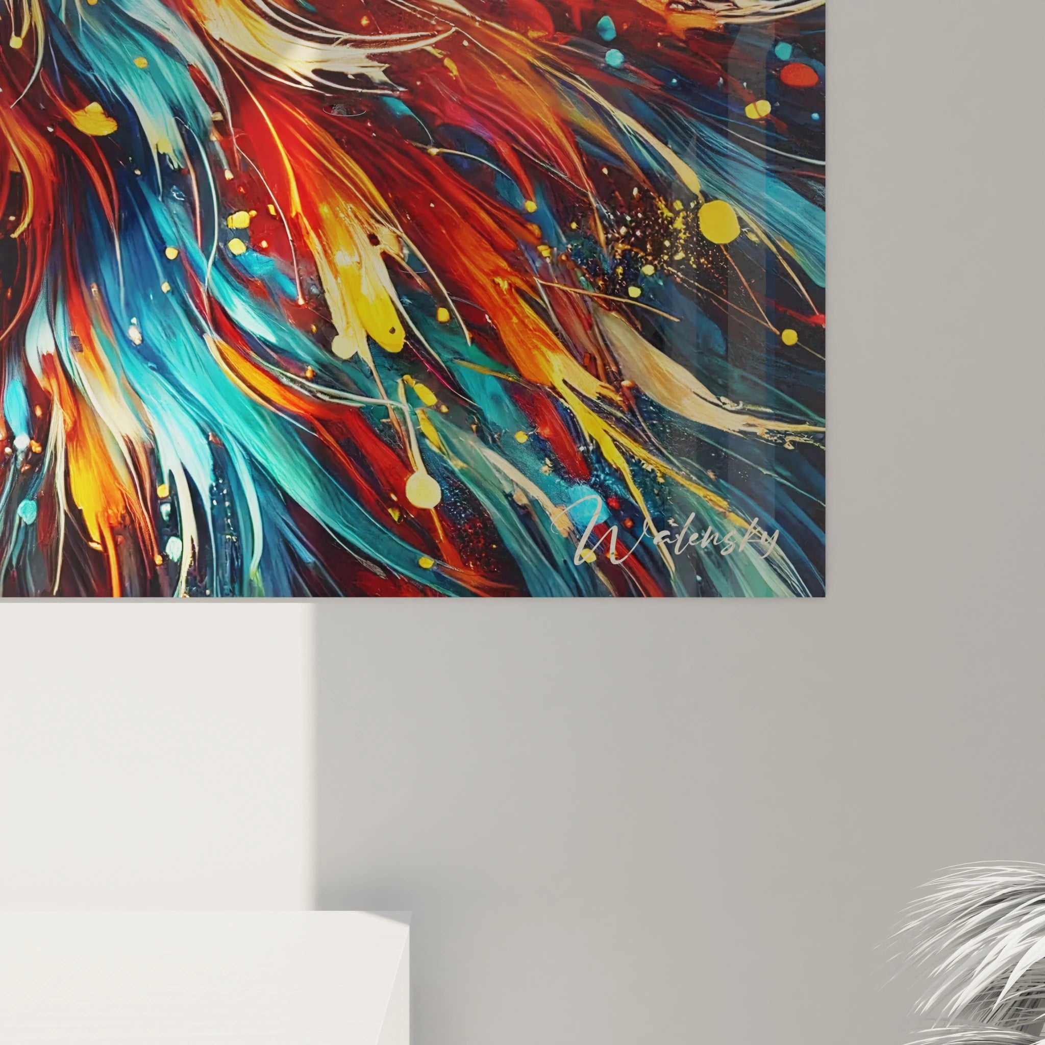 Vue de près, ce tableau lion révèle des détails saisissants. Les éclats de couleur et le dynamisme des coups de pinceau évoquent la puissance et la liberté de la tortue, parfaite pour un décor moderne.