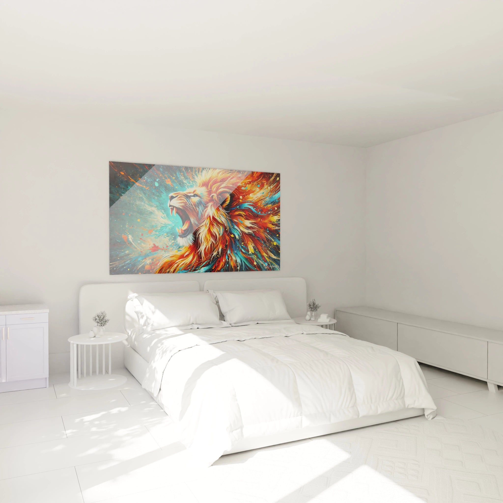 Accroché au-dessus du lit, ce tableau lion devient la pièce maîtresse d'une chambre contemporaine. Ses couleurs vives et son design moderne créent une ambiance dynamique et apaisante à la fois.