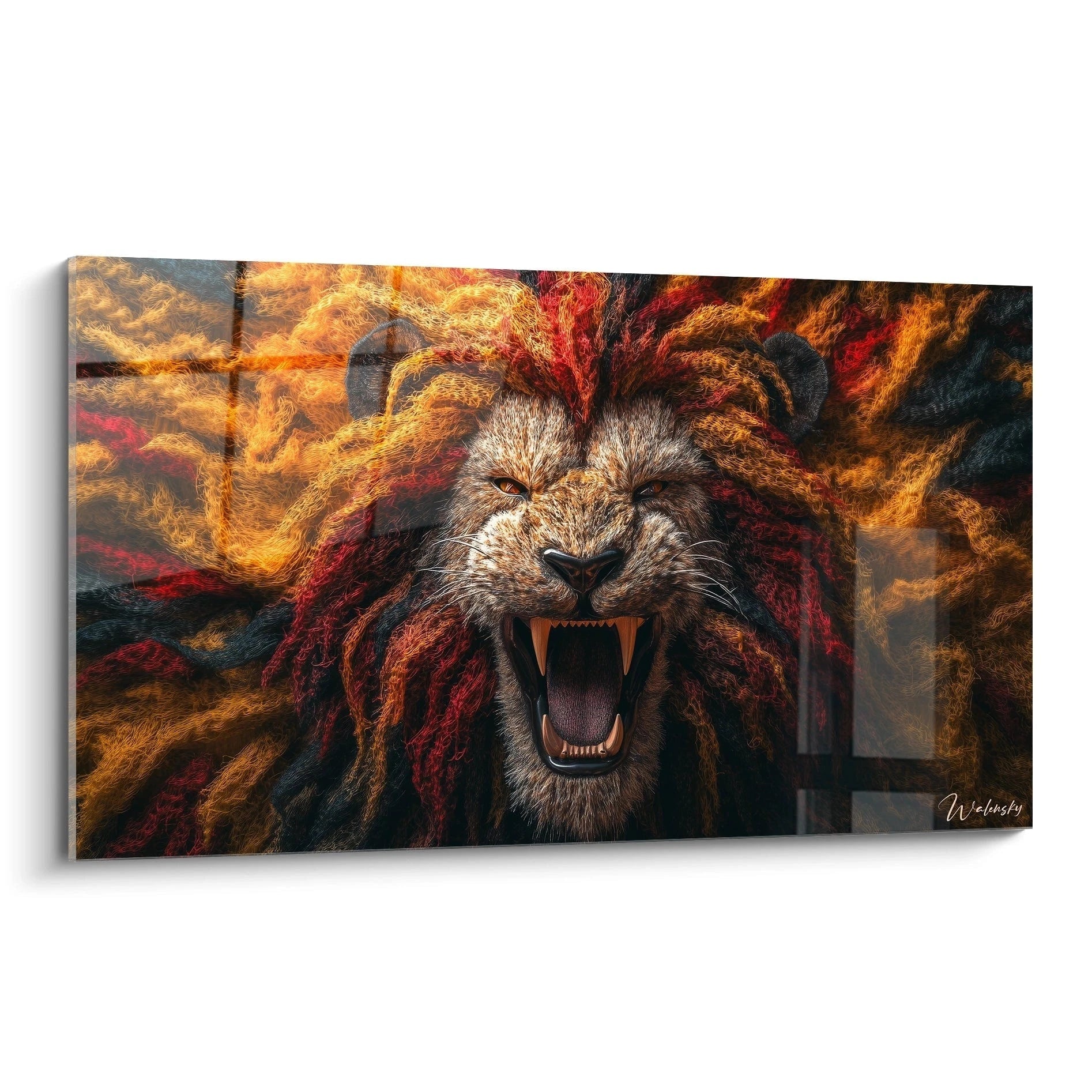 Un tableau lion rugissant aux textures filamenteuses, dominé par des oranges flamboyants et rouges profonds, montrant un félin féroce aux crocs apparents dans un style hyperréaliste entouré d'une aura abstraite aux motifs ondulants.